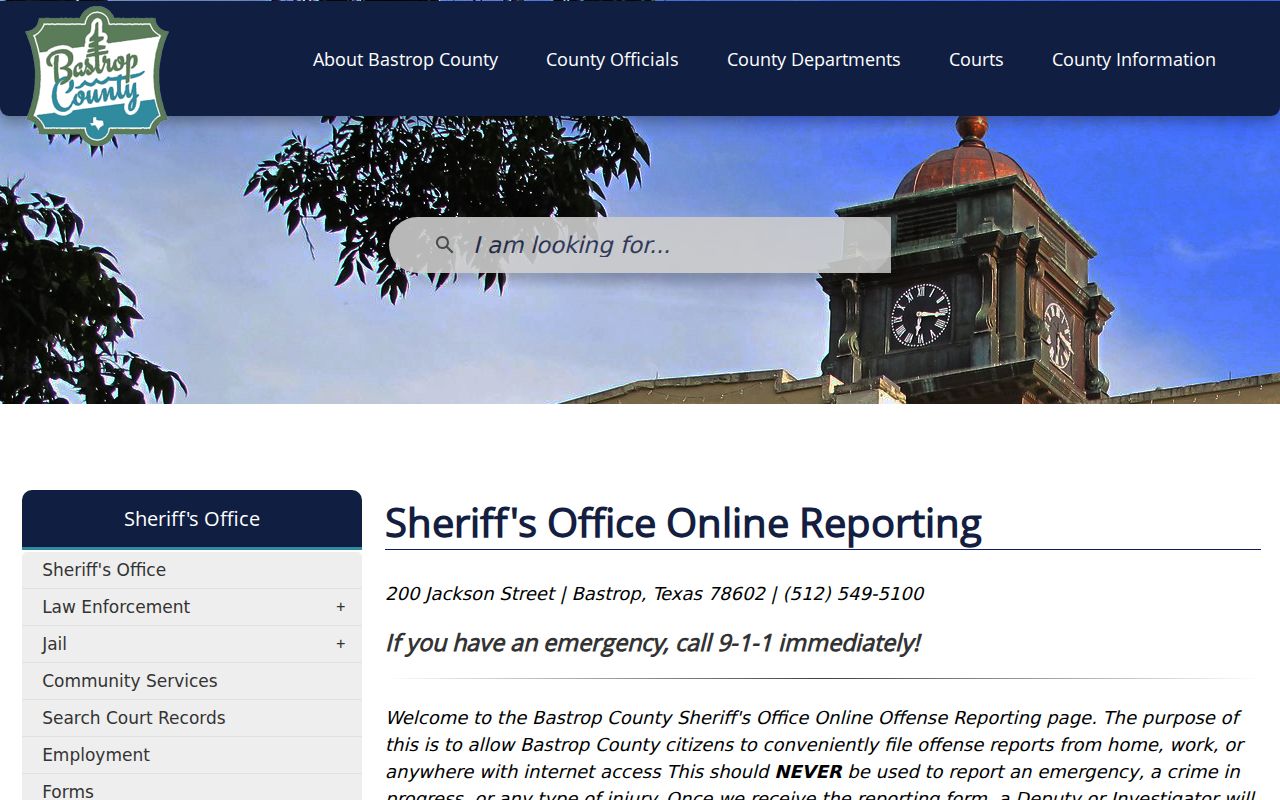 Bastrop County Sheriff online reporting page distinguished from arrest lookup records