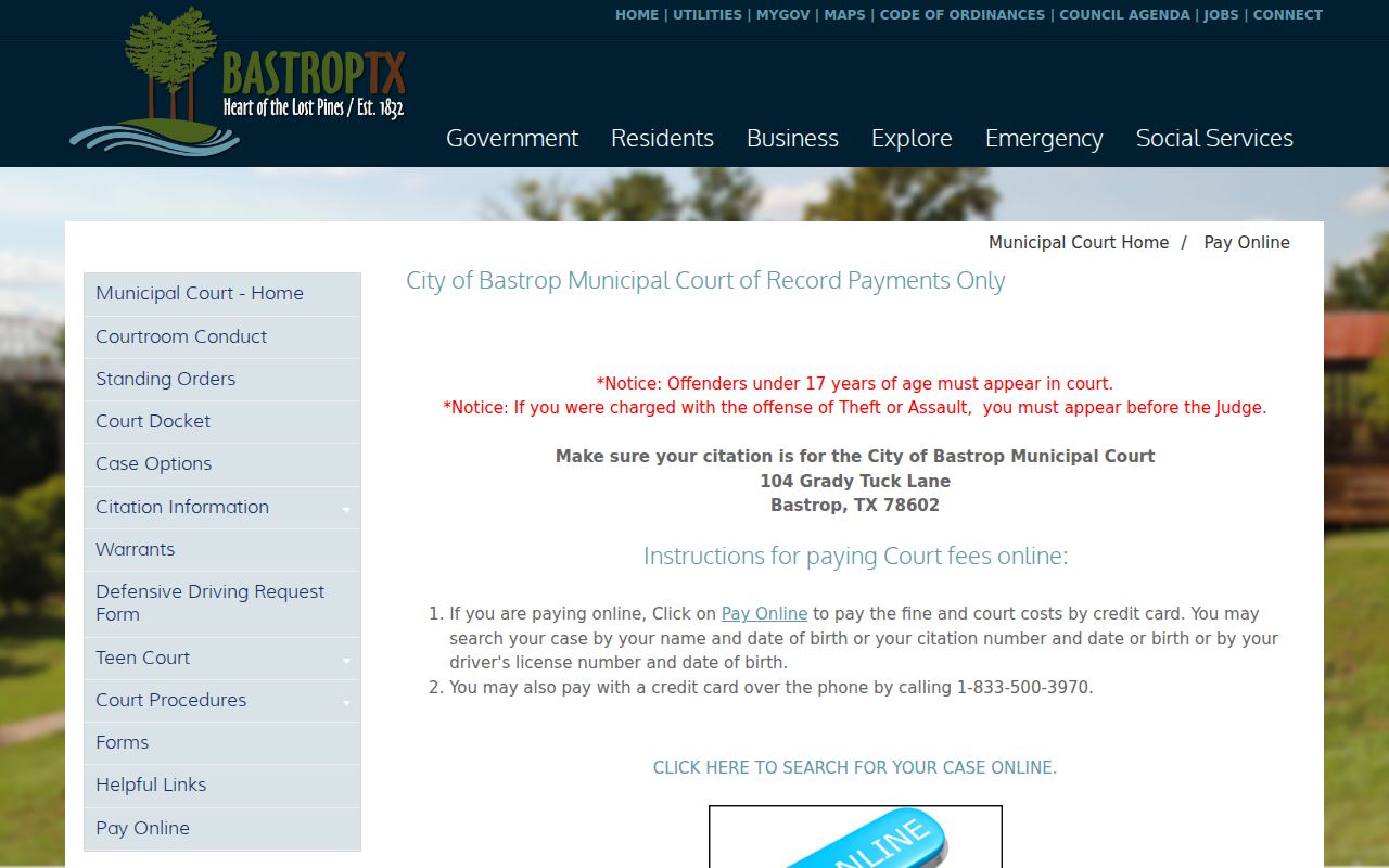 Bastrop criminal records Municipal Court citation search