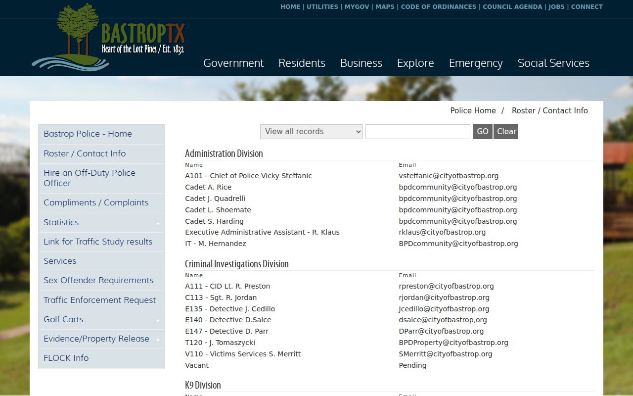 Bastrop criminal records Police Department contact page