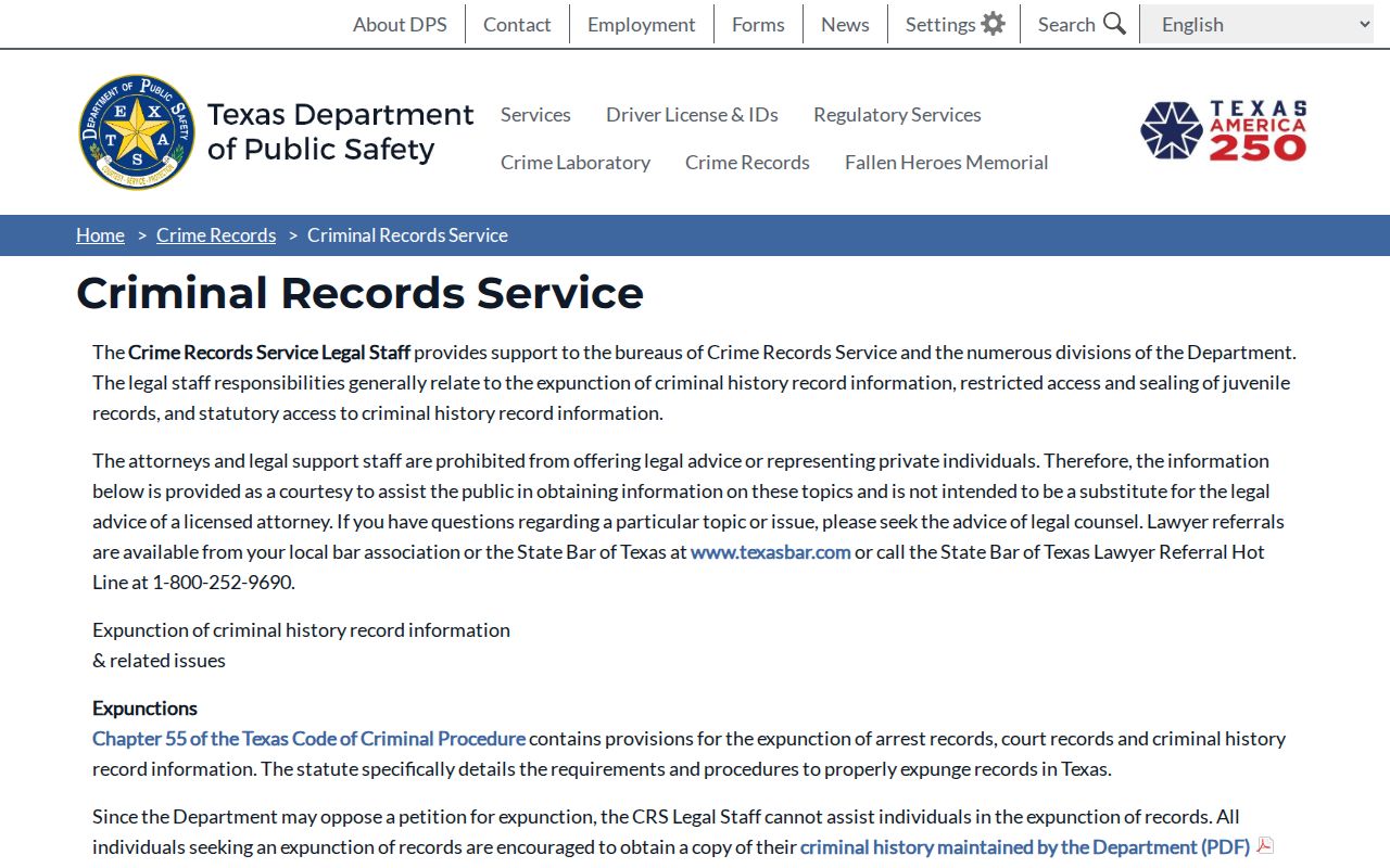 Texas DPS criminal records service page on expunction and nondisclosure