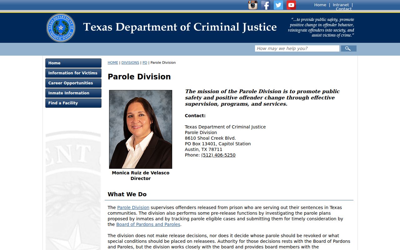 Texas Department of Criminal Justice Parole Division information page