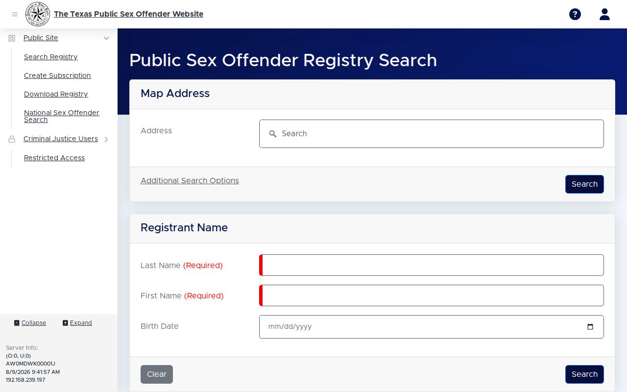 Texas DPS Public Sex Offender Registry search interface
