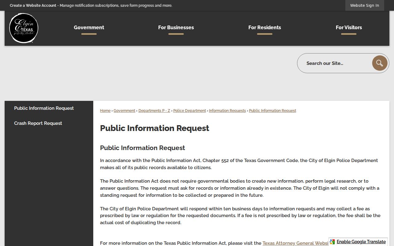 Elgin criminal records public information request page